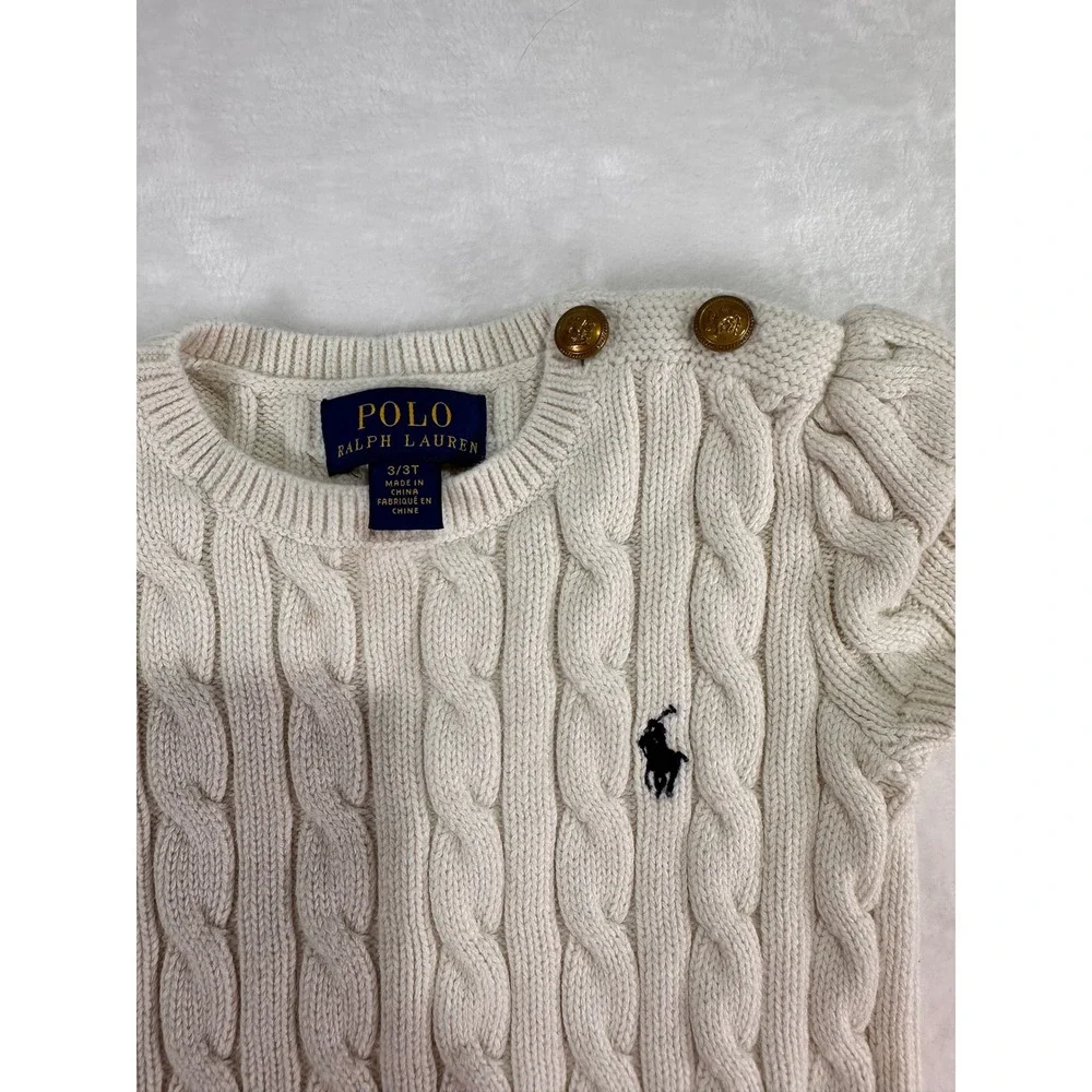 Polo Ralph Lauren Cable Knit Sweater Dress 3T Cream Pleated Skirt Kids Girls
